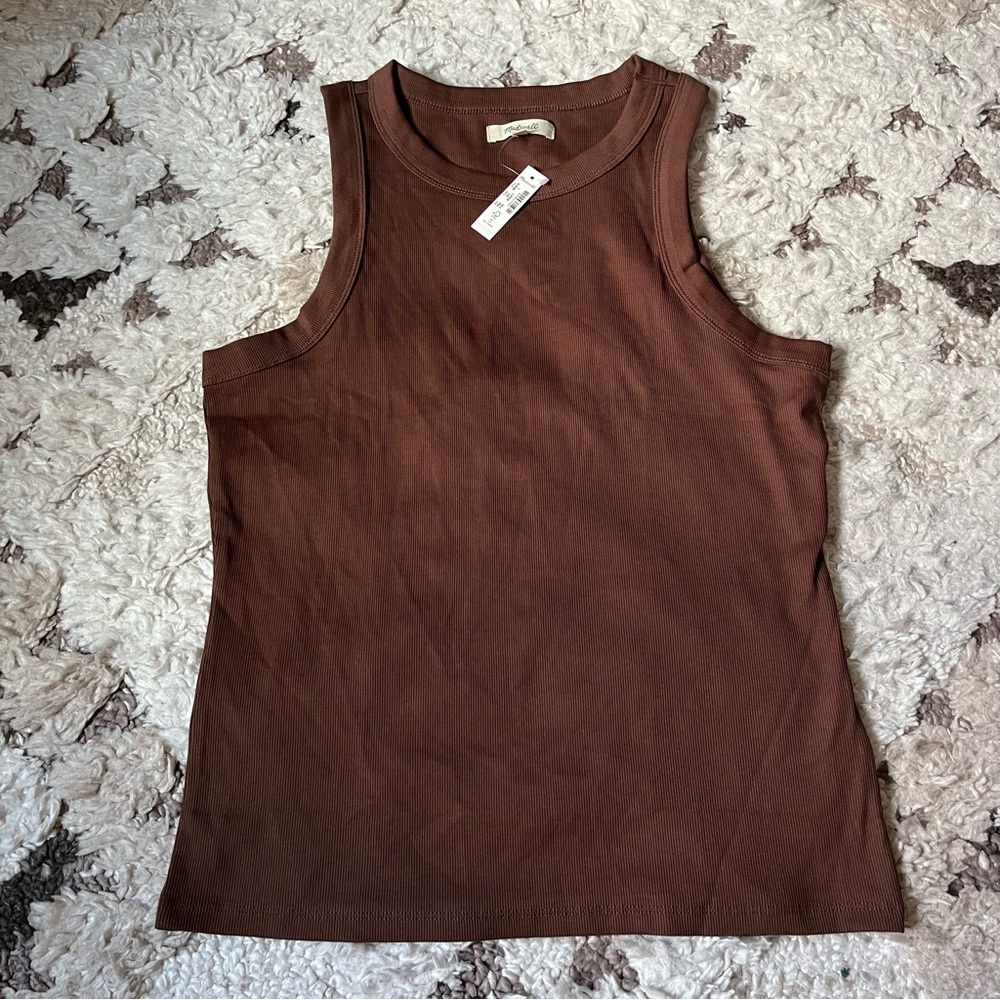 Madewell high neck supima ribbed cutaway tank - brown, size large